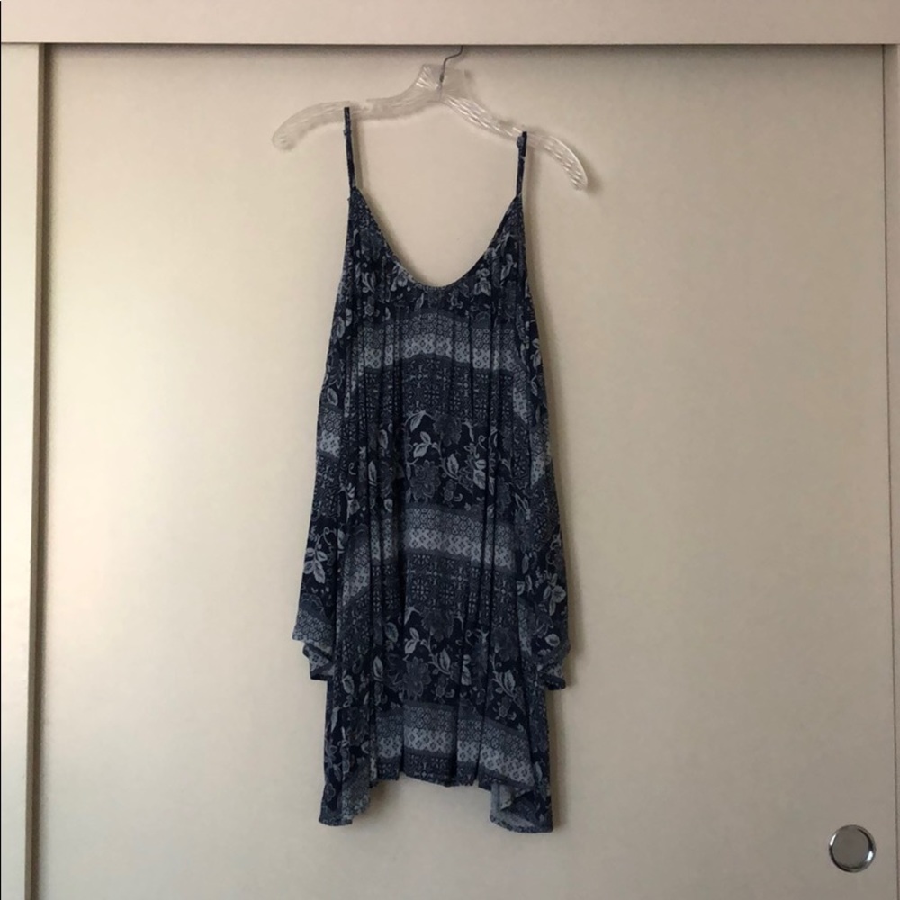Blue Patterned Off-the-Shoulder Long Sleeve Dress
